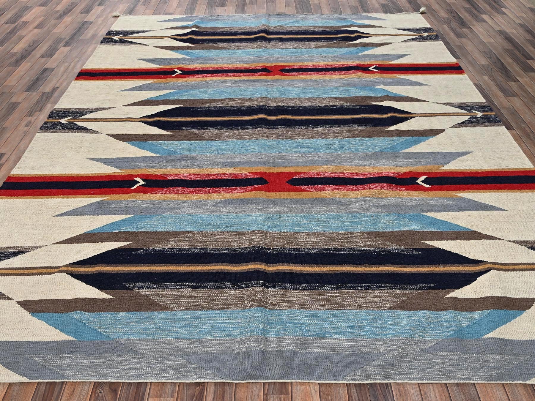 Blue 9'5" x 11'7" Flat Weave Hand woven Wool Rug - Sku: O02698