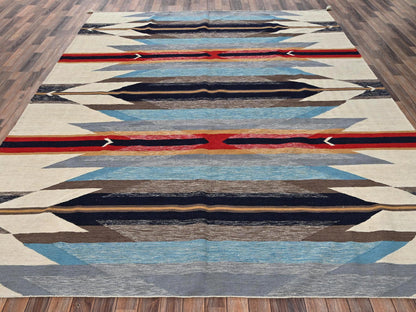Blue 9'5" x 11'7" Flat Weave Hand woven Wool Rug - Sku: O02698