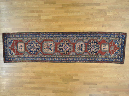 Red 3'7" x 14'2" Antique Hand knotted Wool Rug - Sku: O027175