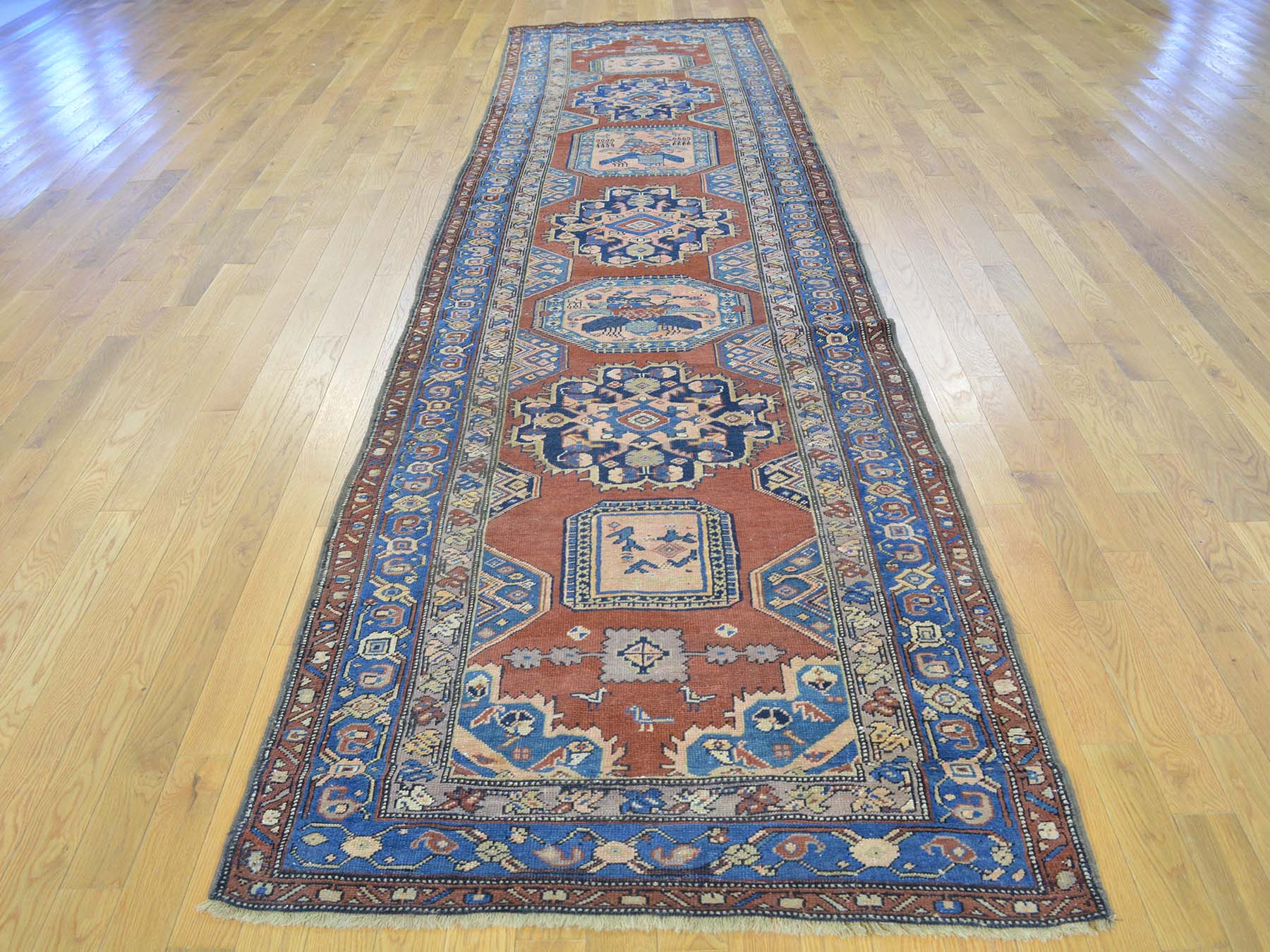 Red 3'7" x 14'2" Antique Hand knotted Wool Rug - Sku: O027175