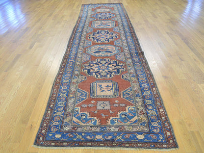 Red 3'7" x 14'2" Antique Hand knotted Wool Rug - Sku: O027175