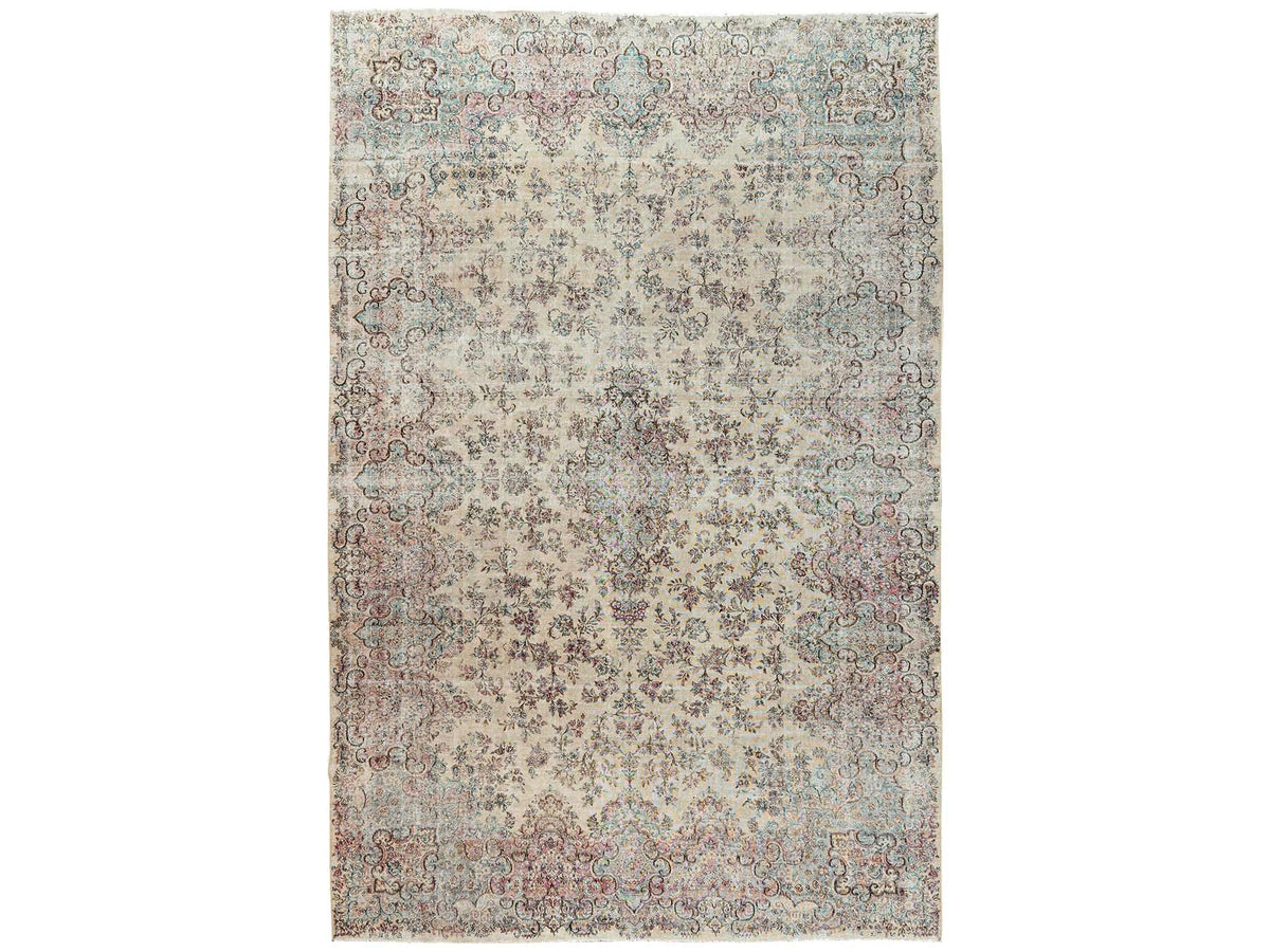 Kerman Vintage hand-knotted wool rug in Ivory & Pink, 10'6" x 16'4" — SKU O02737