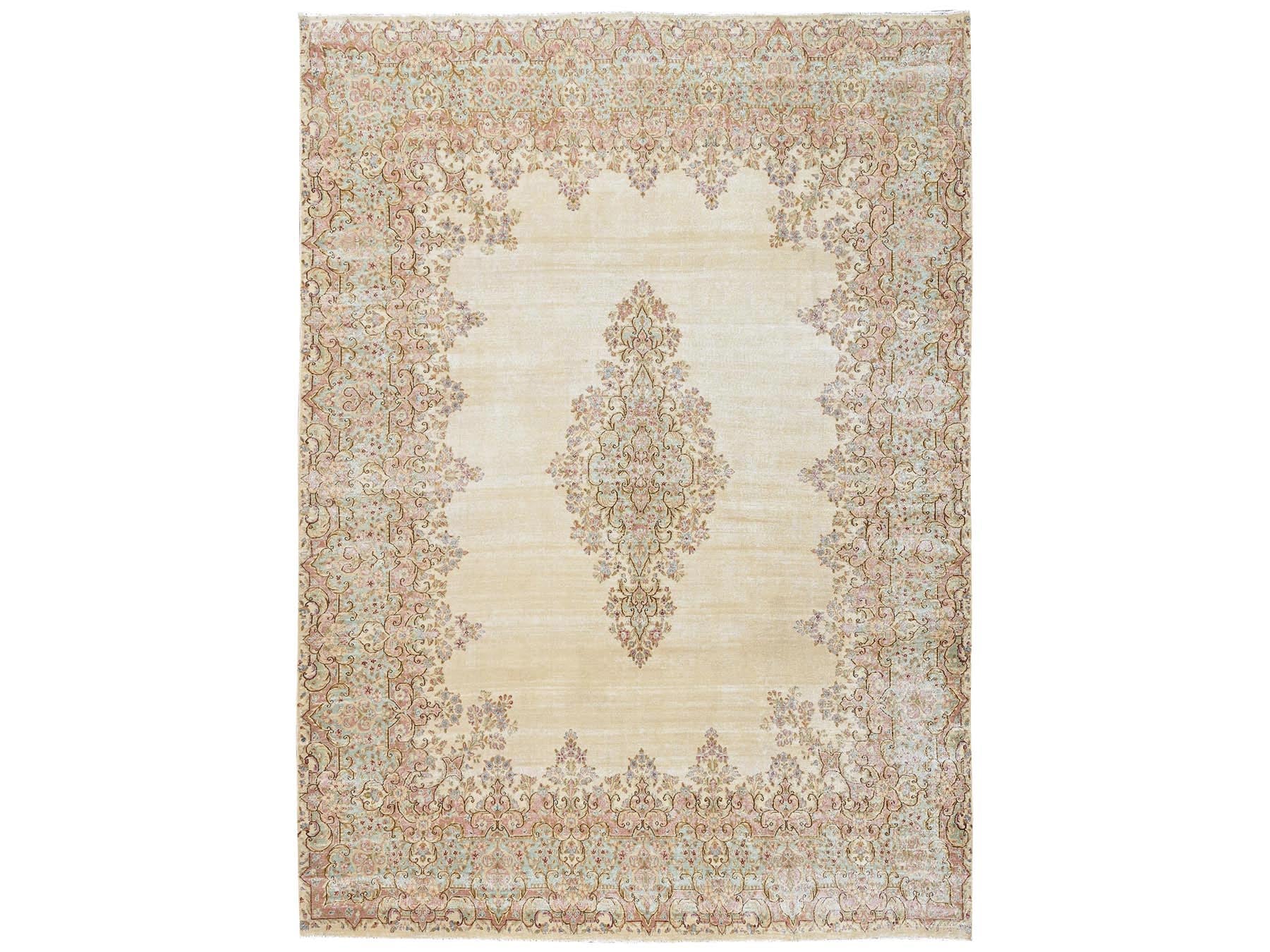 Kerman Vintage hand-knotted wool rug in Ivory & Sea Green, 8'9" x 12'1" — SKU O02739