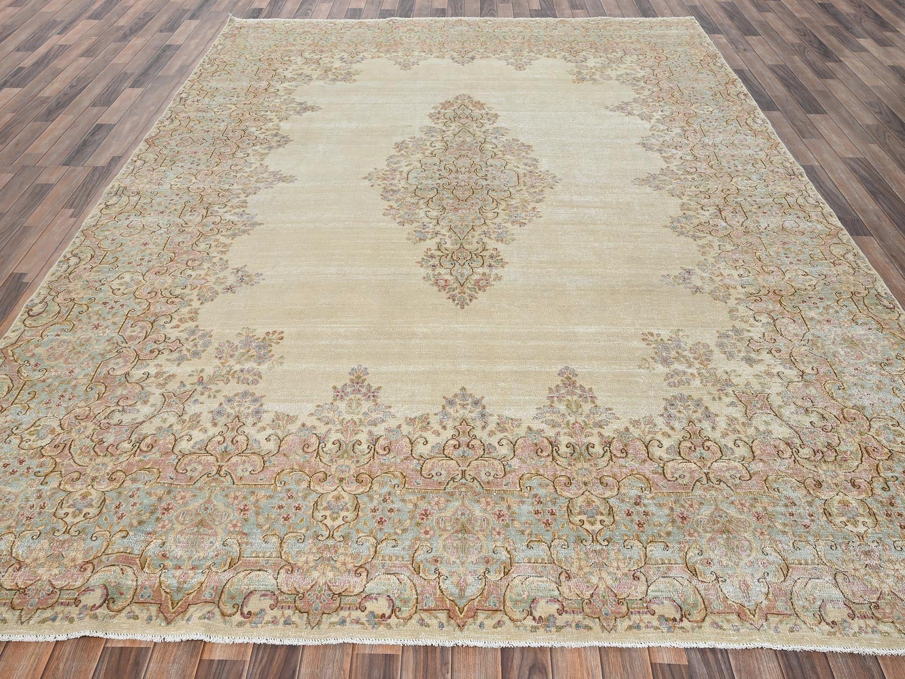 Kerman Vintage hand-knotted wool rug in Ivory & Sea Green, 8'9" x 12'1" — SKU O02739 (view 2)