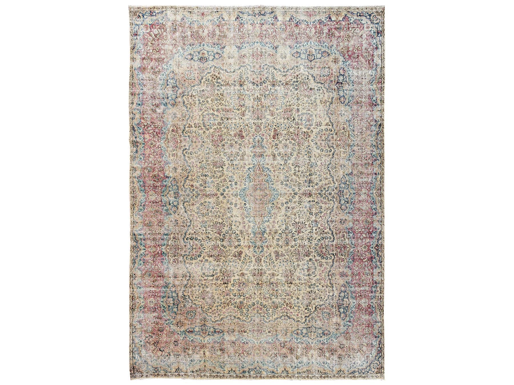 Kerman Antique hand-knotted wool rug in Beige & Red, 9'9" x 14'4" — SKU O02740