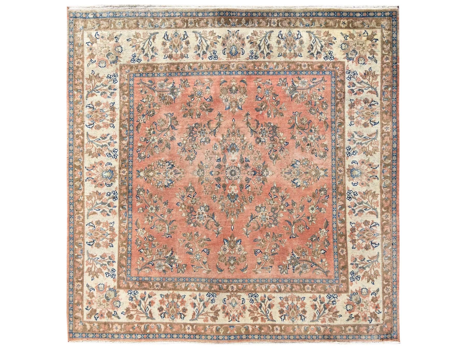 Vintage hand-knotted wool rug in Pink & Ivory, 6'6" x 6'6" — SKU O02746