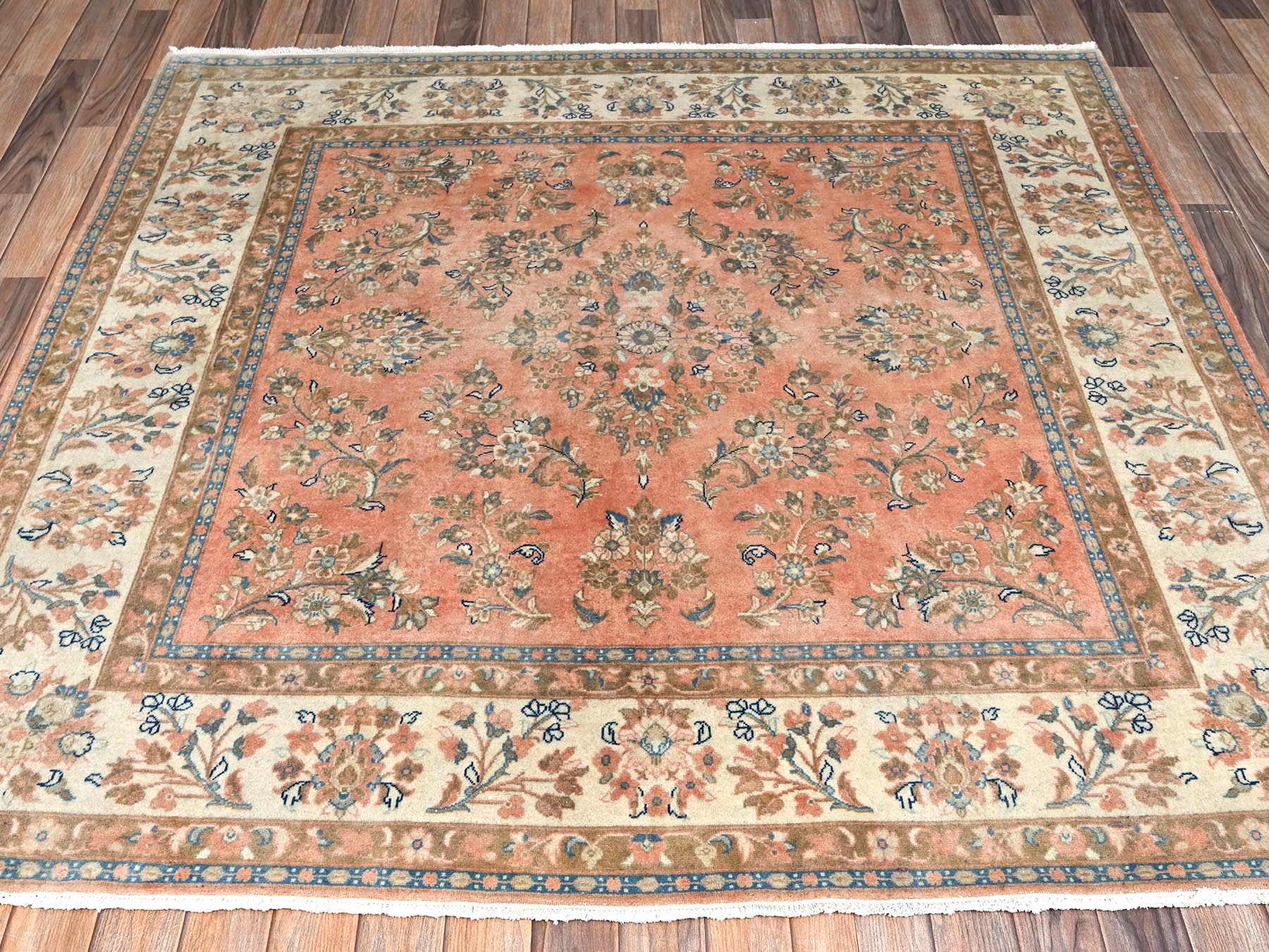 Vintage hand-knotted wool rug in Pink & Ivory, 6'6" x 6'6" — SKU O02746 (view 2)