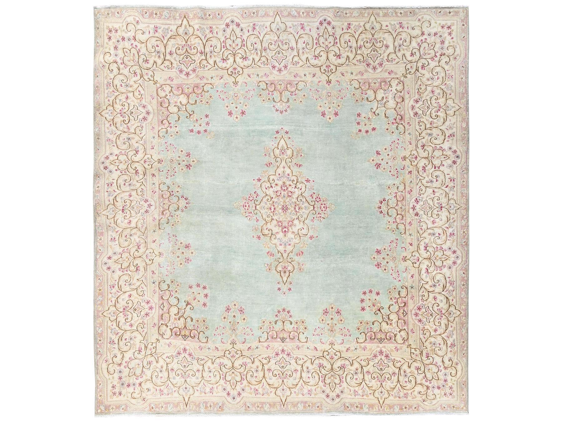 Kerman Vintage hand-knotted wool rug in Green & Ivory, 7'10" x 8'4" — SKU O02750