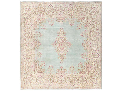 Kerman Vintage hand-knotted wool rug in Green & Ivory, 7'10" x 8'4" — SKU O02750