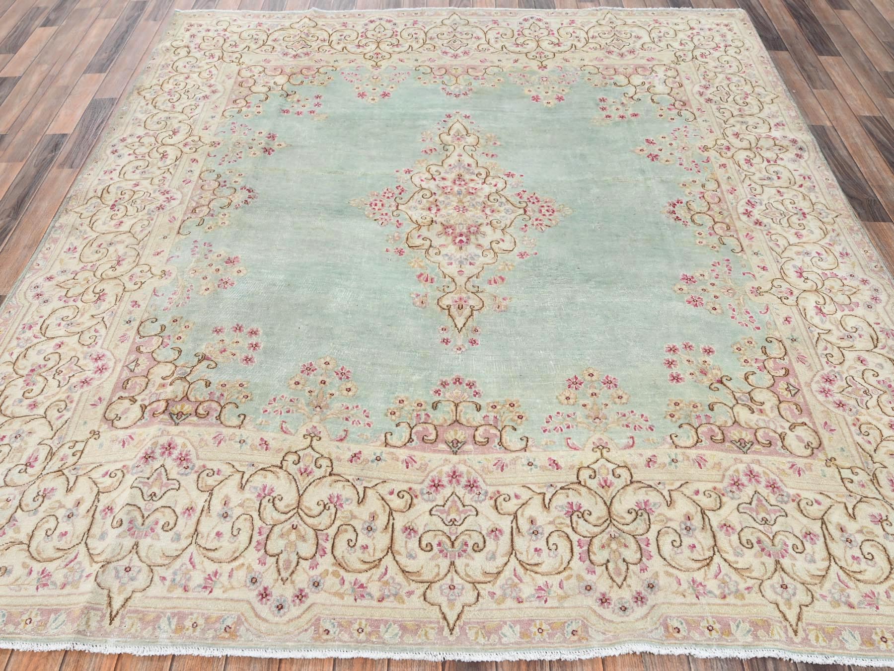 Kerman Vintage hand-knotted wool rug in Green & Ivory, 7'10" x 8'4" — SKU O02750 (view 2)
