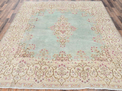 Kerman Vintage hand-knotted wool rug in Green & Ivory, 7'10" x 8'4" — SKU O02750 (view 2)