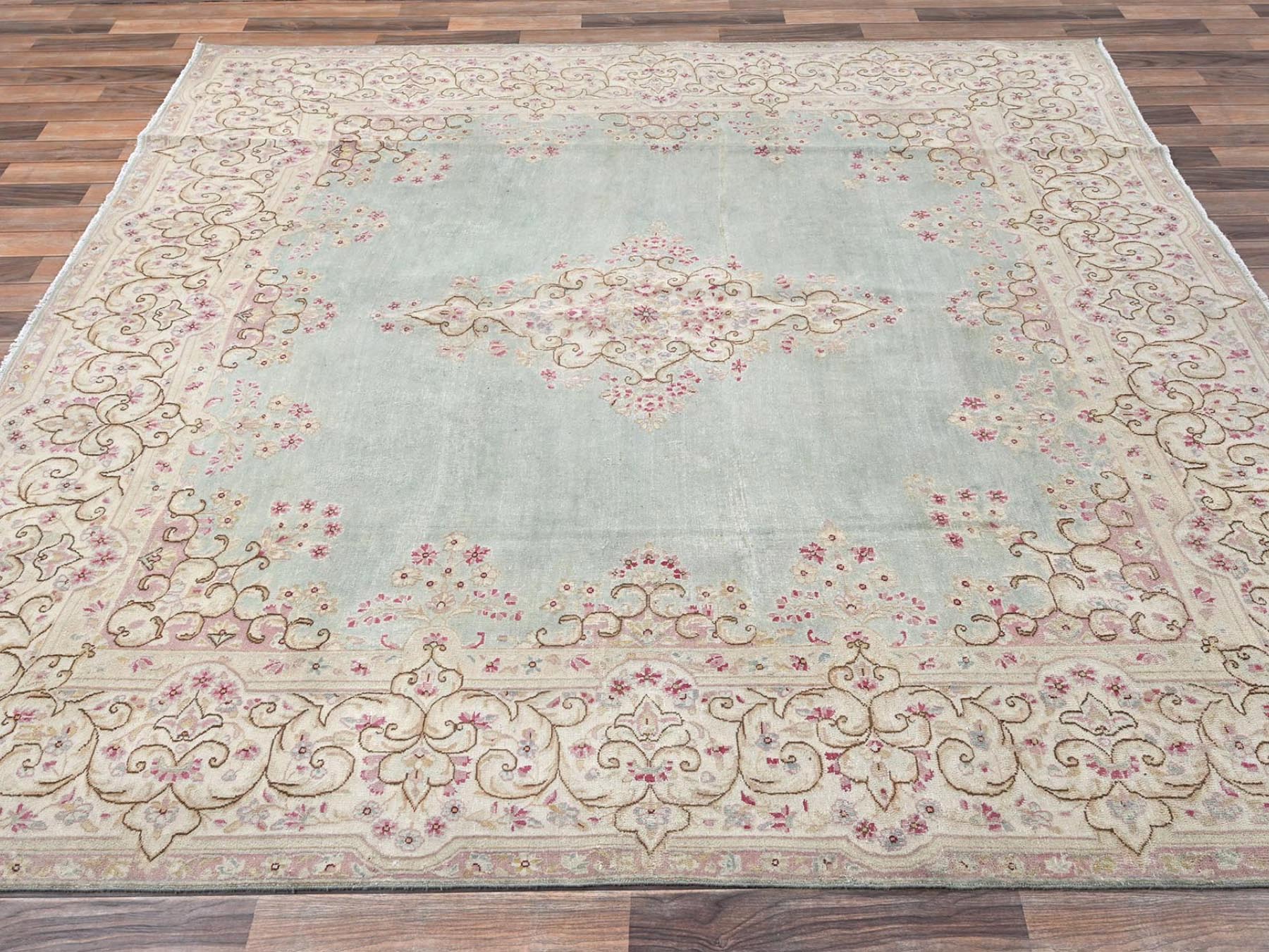 Kerman Vintage hand-knotted wool rug in Green & Ivory, 7'10" x 8'4" — SKU O02750 (view 4)