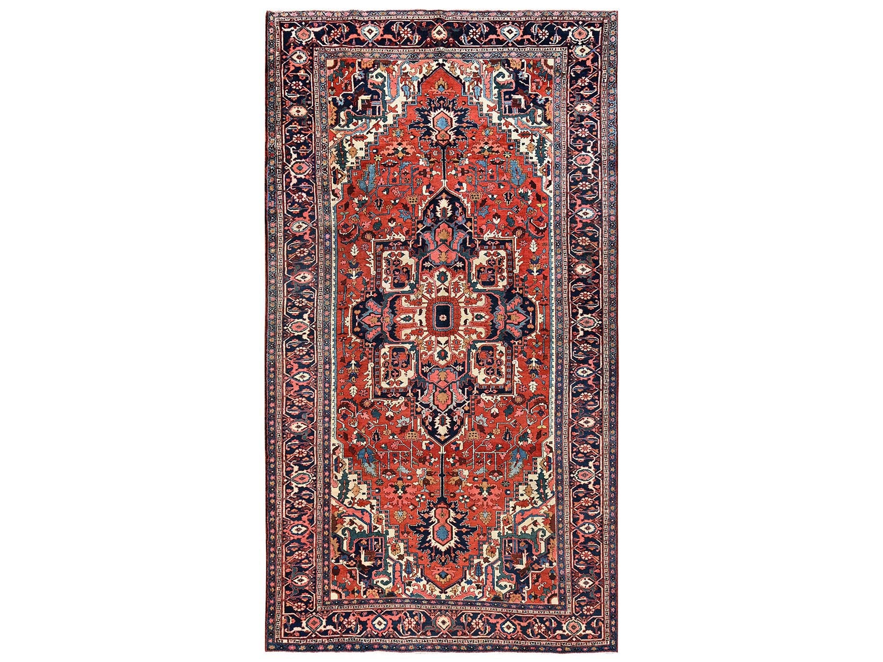 Heriz Antique hand-knotted wool rug in Red & Midnight Blue, 8'2" x 14'7" — SKU O02751