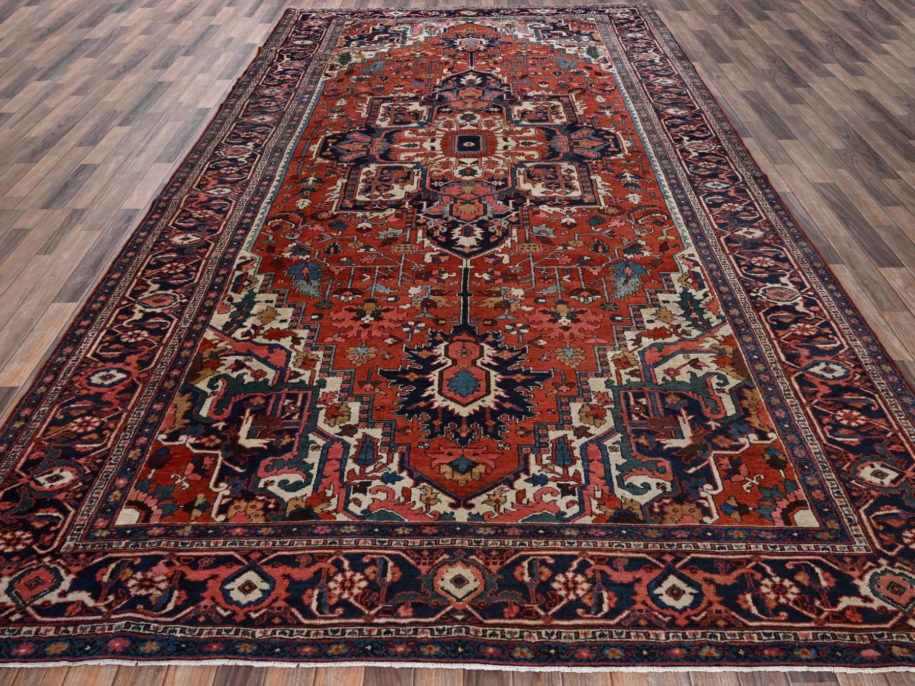 Heriz Antique hand-knotted wool rug in Red & Midnight Blue, 8'2" x 14'7" — SKU O02751 (view 2)