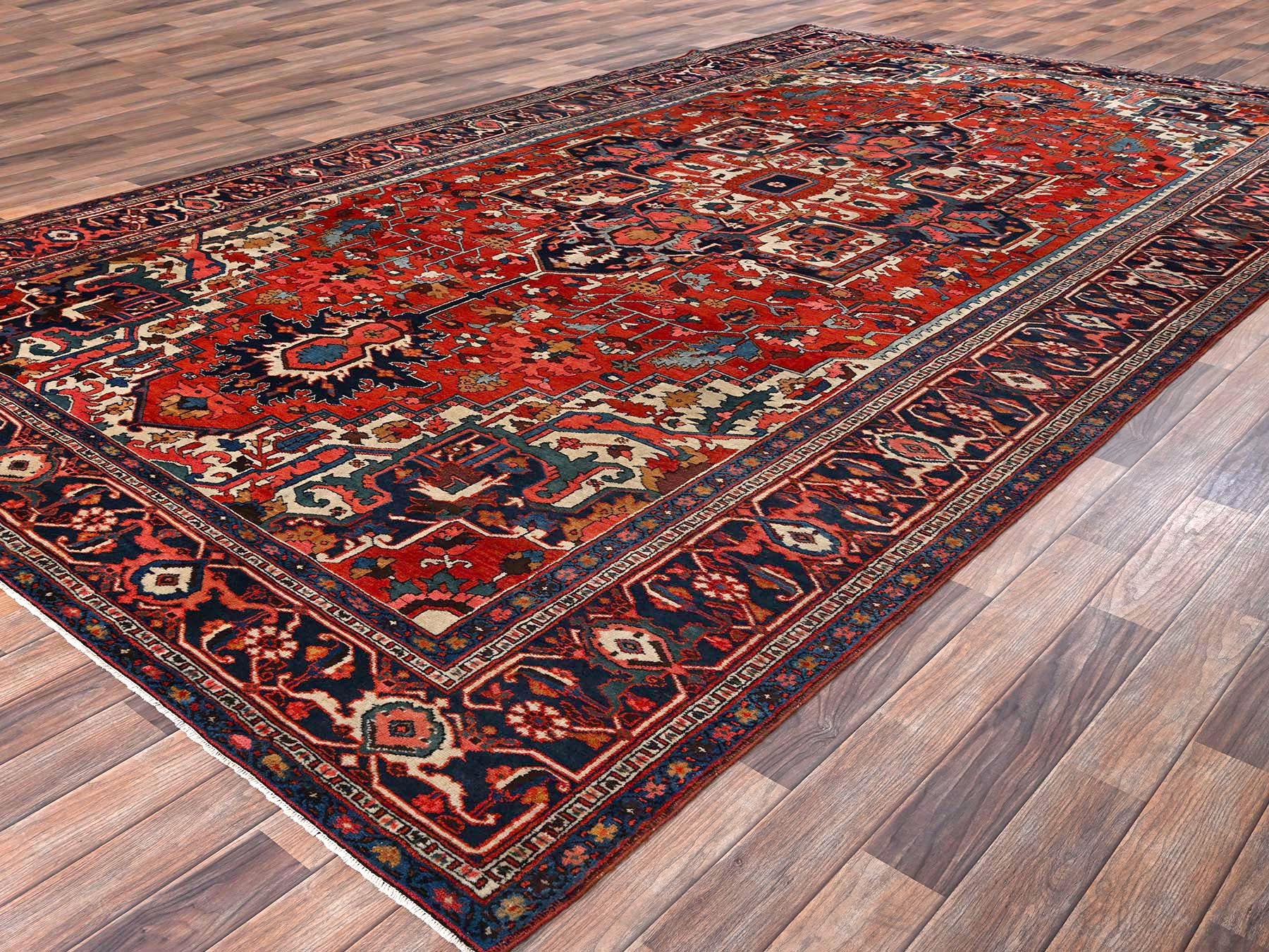 Heriz Antique hand-knotted wool rug in Red & Midnight Blue, 8'2" x 14'7" — SKU O02751 (view 3)