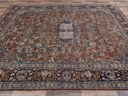 Brown 9'0" x 11'11" Antique Hand knotted Wool Rug - Sku: O02753