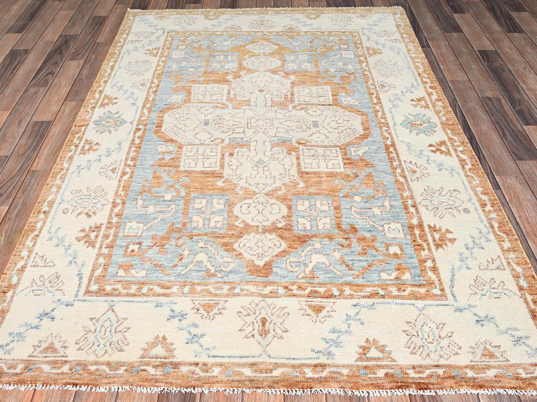 Blue 4'10" x 7'0" Oushak And Peshawar Hand knotted Wool Rug - Sku: O02765