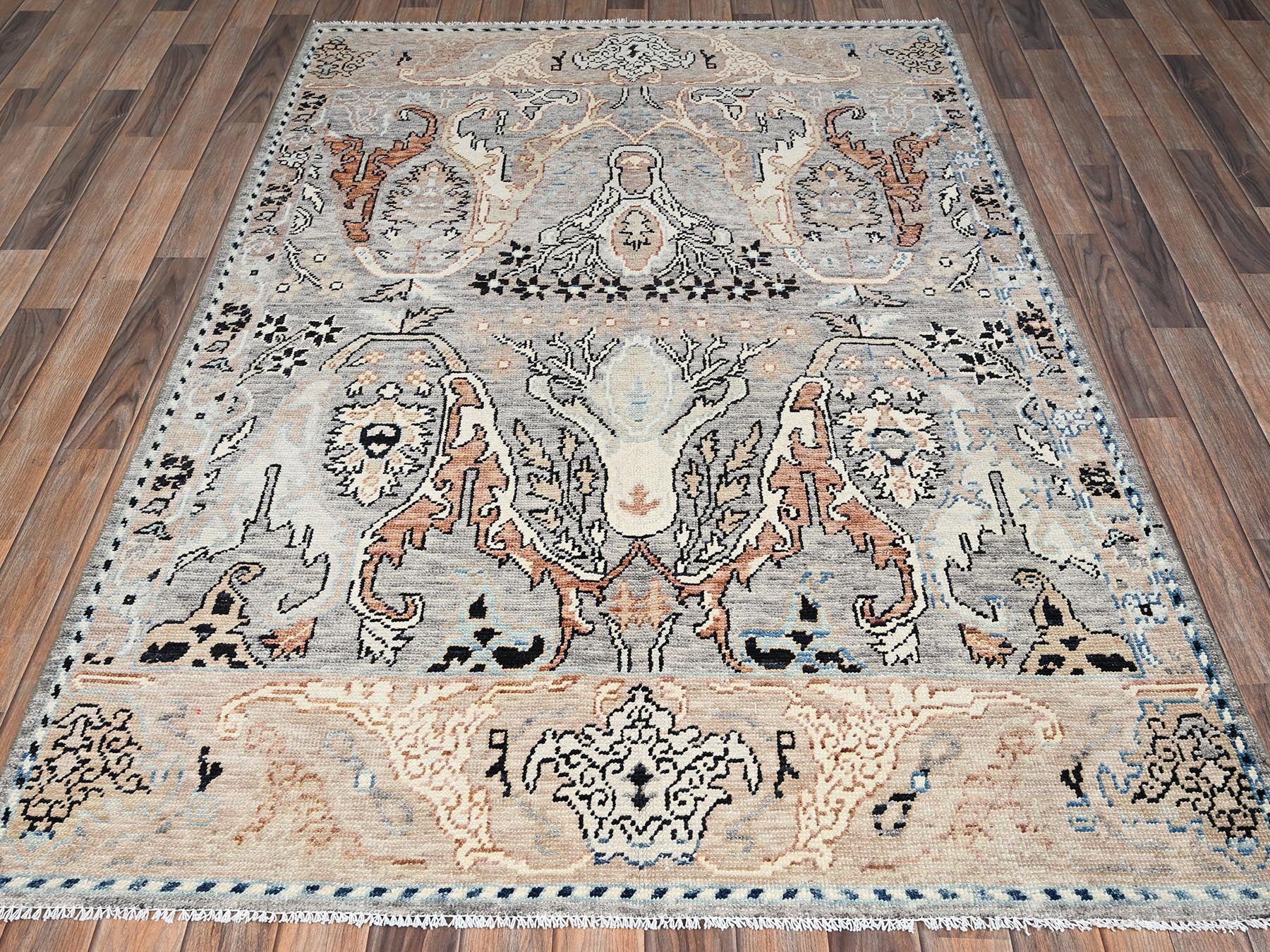 Grey 4'10" x 7'1" Tribal & Geometric Hand knotted Wool Rug - Sku: O02768