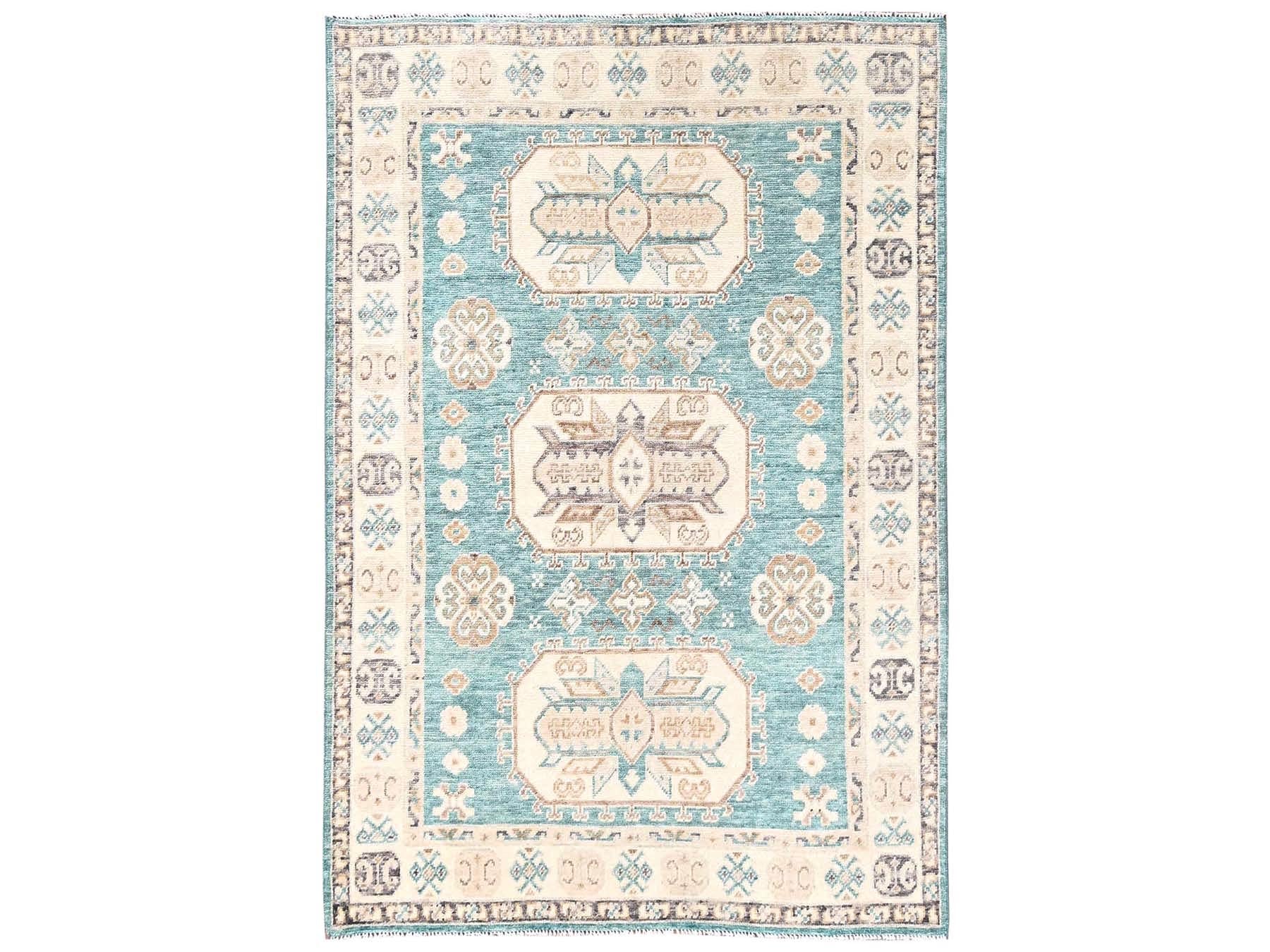 Kazak Kazak hand-knotted wool rug in Teal & Ivory, 4'8" x 6'10" — SKU O02769