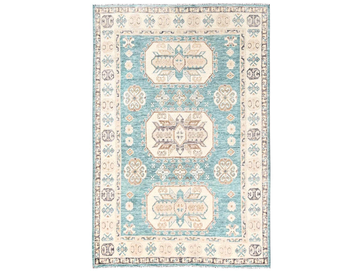 Kazak Kazak hand-knotted wool rug in Teal & Ivory, 4'8" x 6'10" — SKU O02769