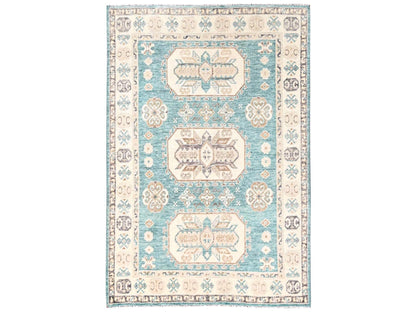 Kazak Kazak hand-knotted wool rug in Teal & Ivory, 4'8" x 6'10" — SKU O02769