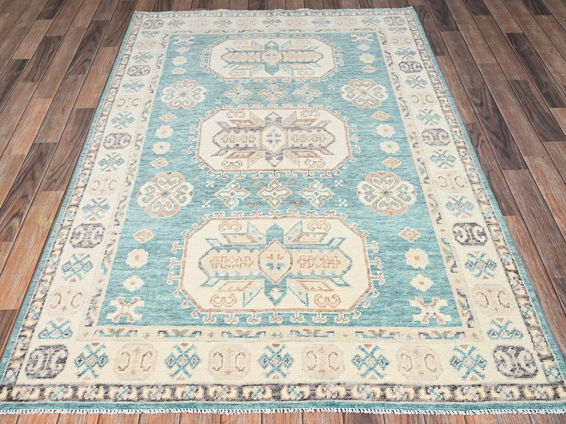 Kazak Kazak hand-knotted wool rug in Teal & Ivory, 4'8" x 6'10" — SKU O02769 (view 2)