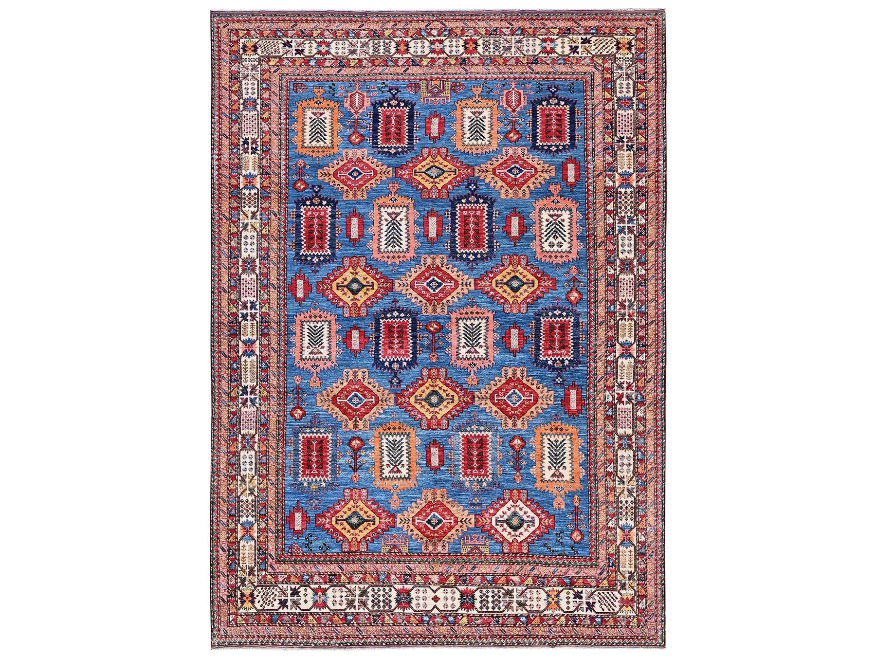 Ersari Kazak hand-knotted wool rug in Blue & Ivory, 9'11" x 13'11" — SKU O02774