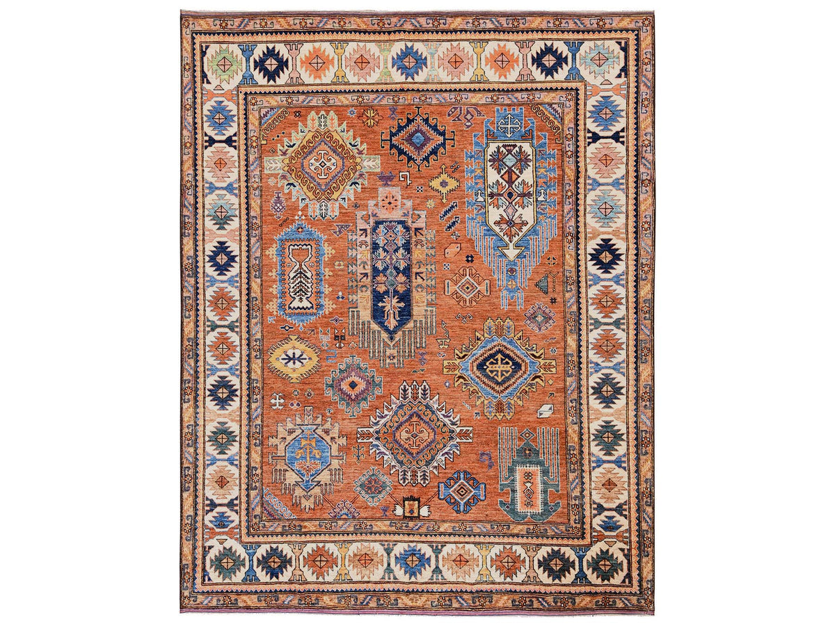 Ersari Kazak hand-knotted wool rug in Orange & Ivory, 8'4" x 10'5" — SKU O02775