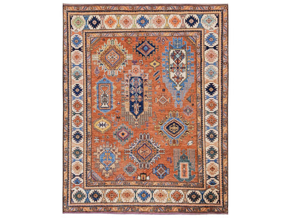 Ersari Kazak hand-knotted wool rug in Orange & Ivory, 8'4" x 10'5" — SKU O02775