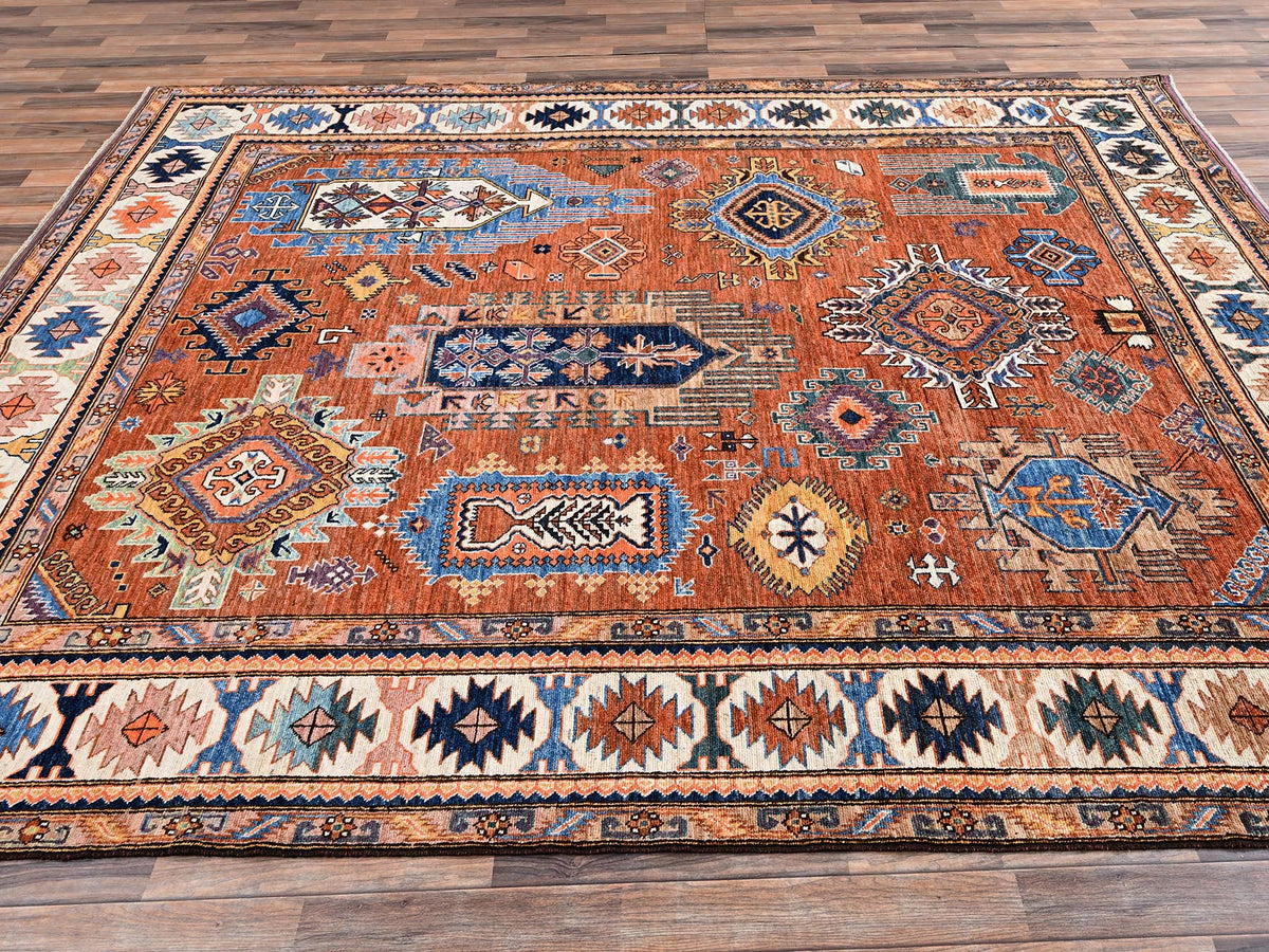 Ersari Kazak hand-knotted wool rug in Orange & Ivory, 8'4" x 10'5" — SKU O02775 (view 4)
