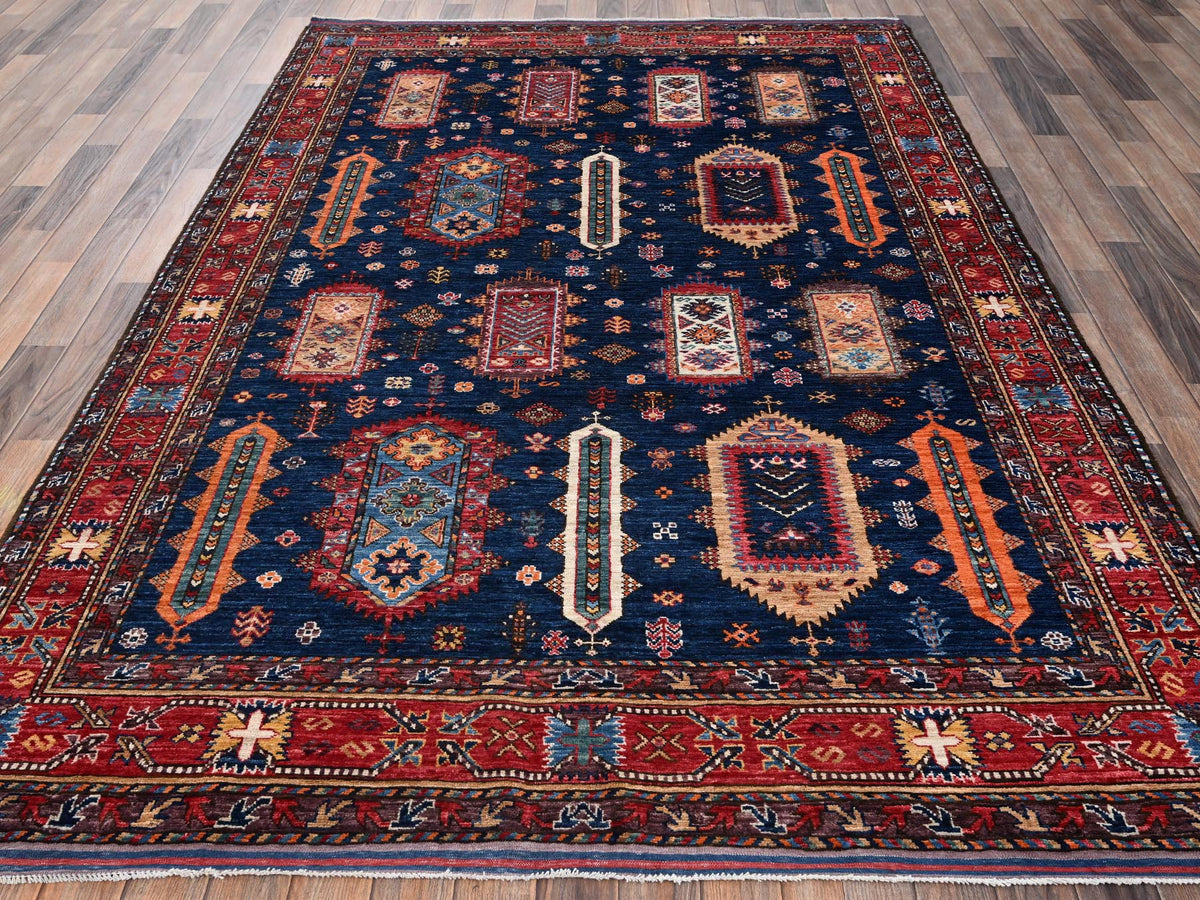 Ersari Kazak hand-knotted wool rug in Blue & Red, 6'1" x 8'7" — SKU O02780 (view 2)