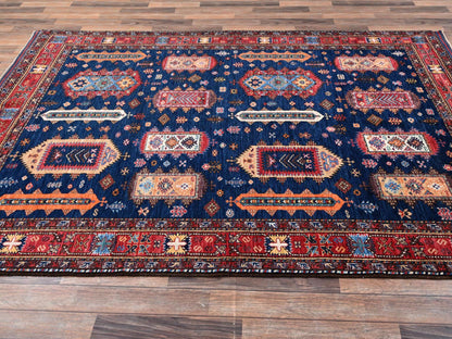 Ersari Kazak hand-knotted wool rug in Blue & Red, 6'1" x 8'7" — SKU O02780 (view 4)