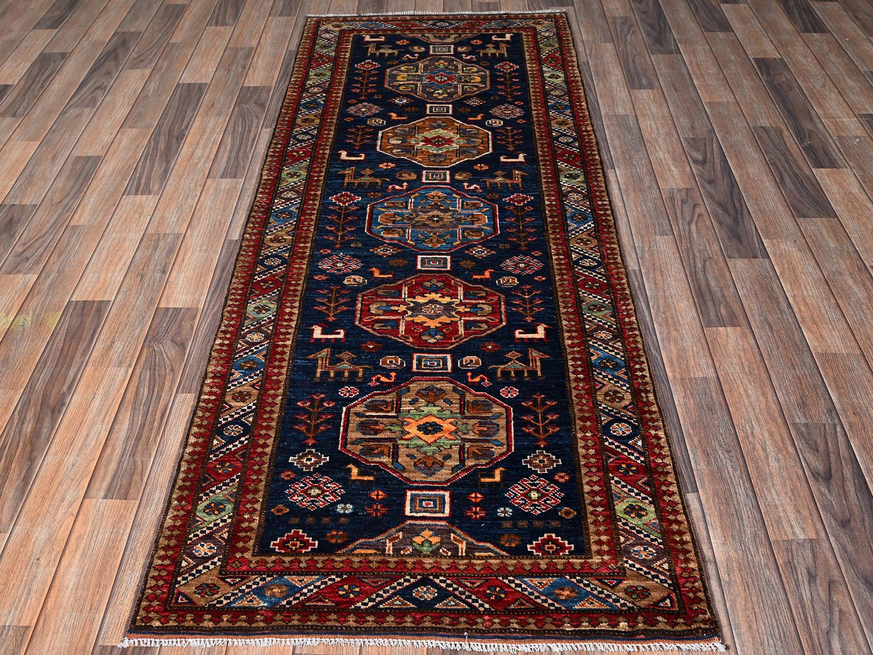 Blue 2'10" x 7'2" Kazak Hand knotted Wool Rug - Sku: O02781