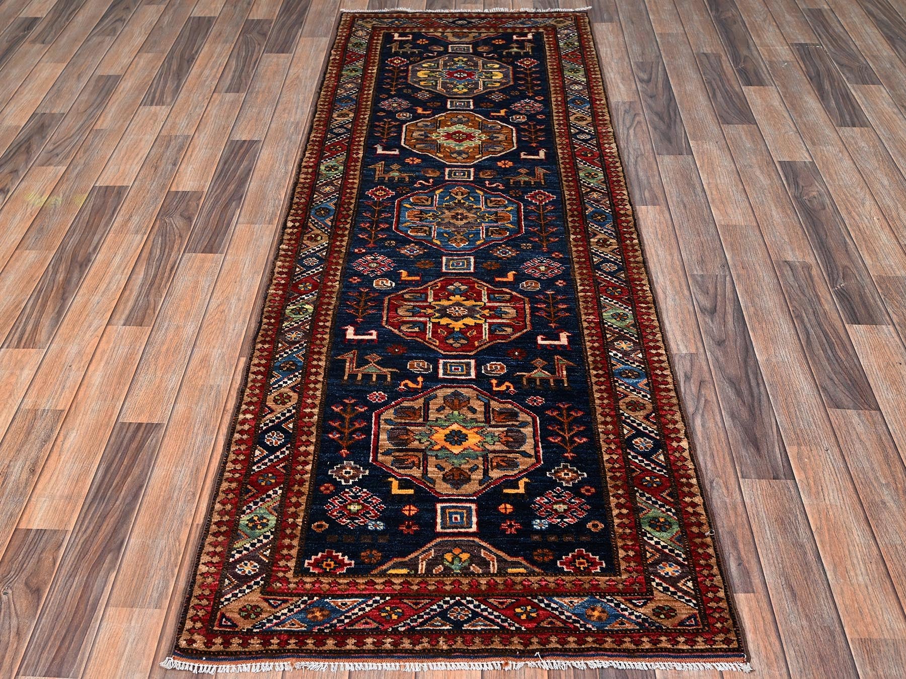 Blue 2'9" x 7'2" Kazak Hand knotted Wool Rug - Sku: O02782