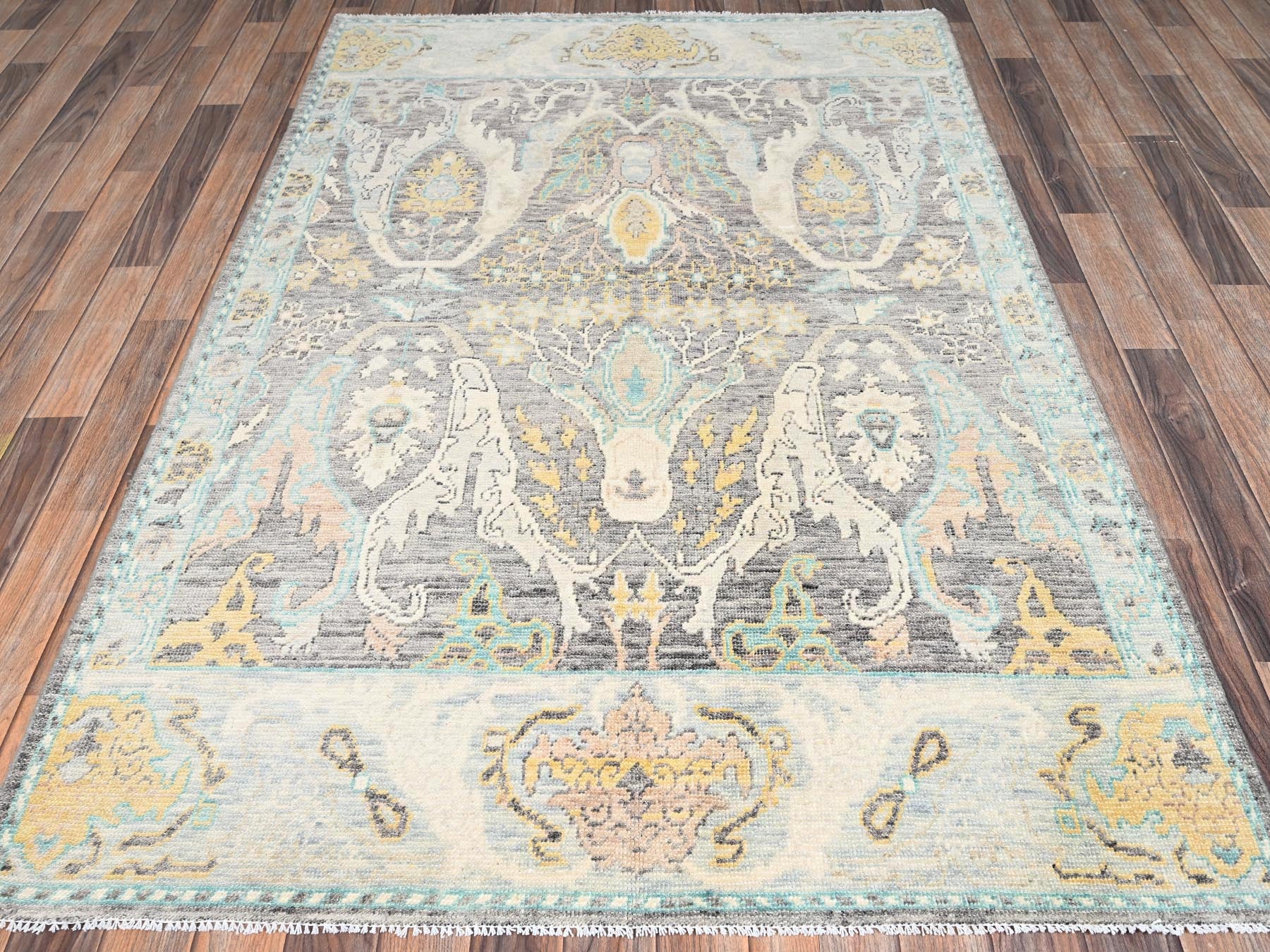 Tribal & Geometric hand-knotted wool rug in Gray, 4'8" x 7'1" — SKU O02783 (view 2)