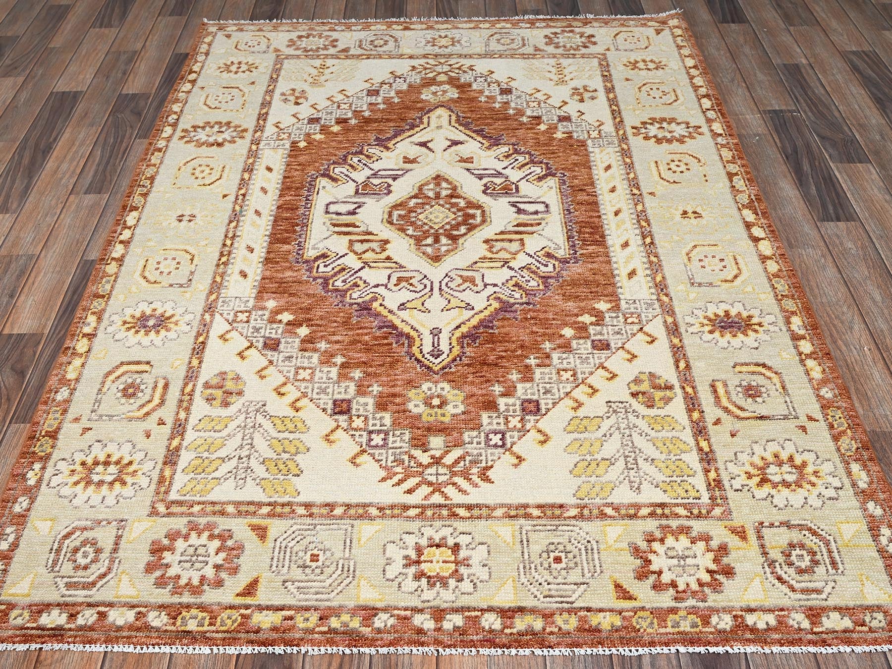 Brown 4'10" x 6'9" Oushak And Peshawar Hand knotted Wool Rug - Sku: O02786