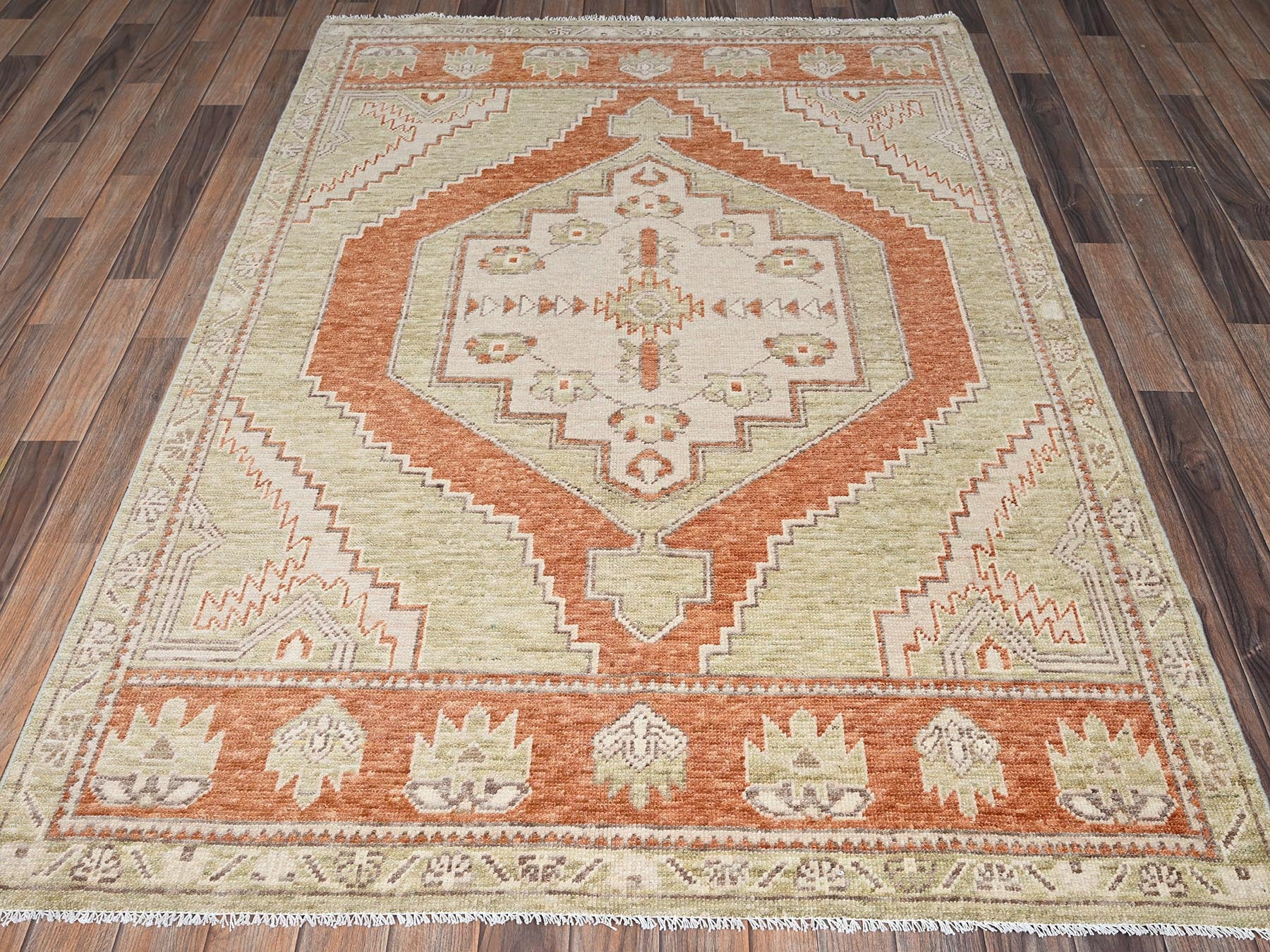 Brown 4'10" x 6'9" Oushak And Peshawar Hand knotted Wool Rug - Sku: O02796