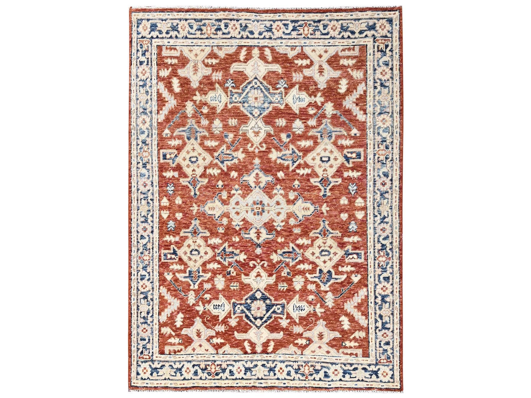 Oushak hand-knotted wool rug in Red & Navy Blue, 4'11" x 6'11" — SKU O02797