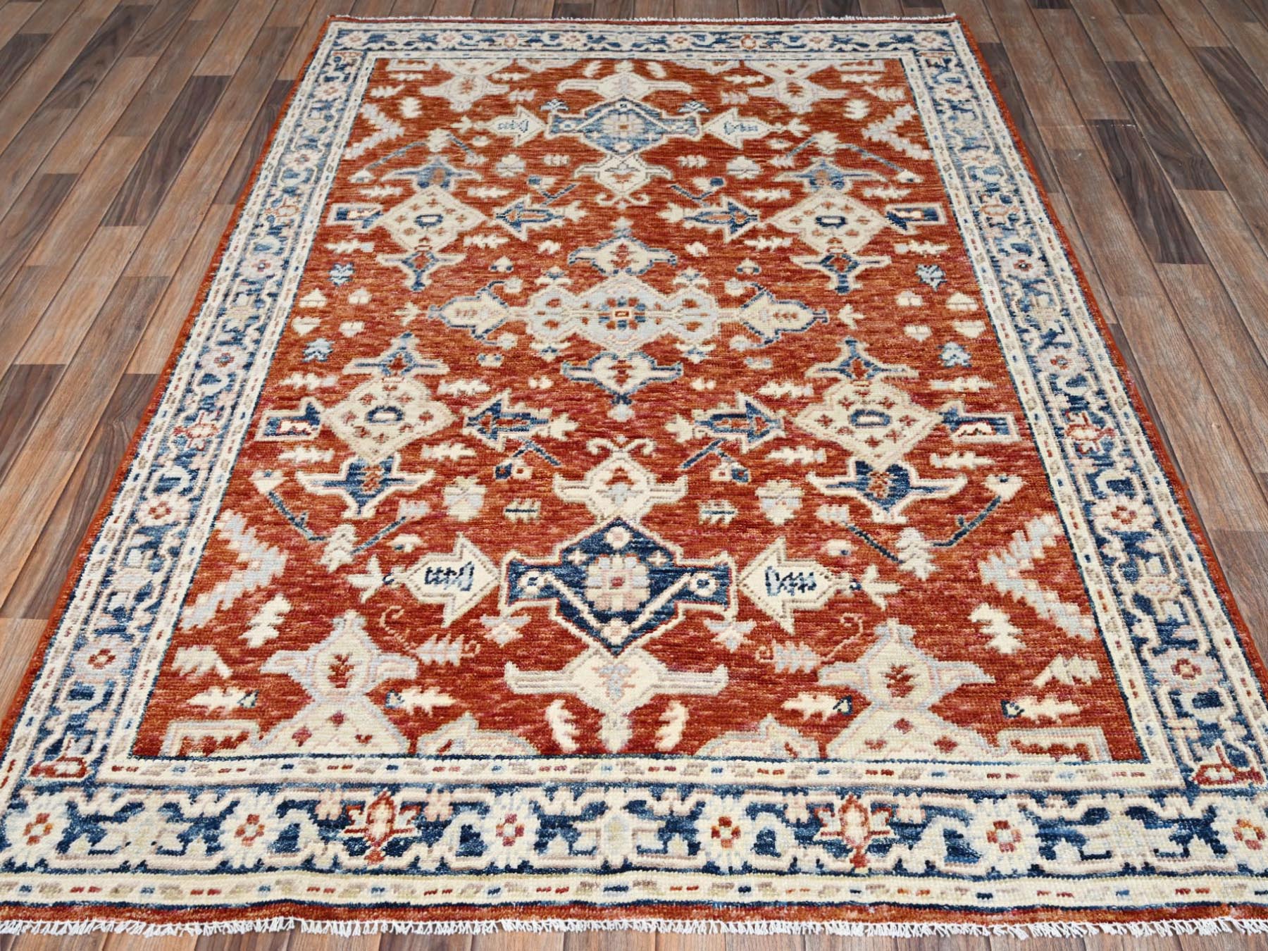 Oushak hand-knotted wool rug in Red & Navy Blue, 4'11" x 6'11" — SKU O02797 (view 2)