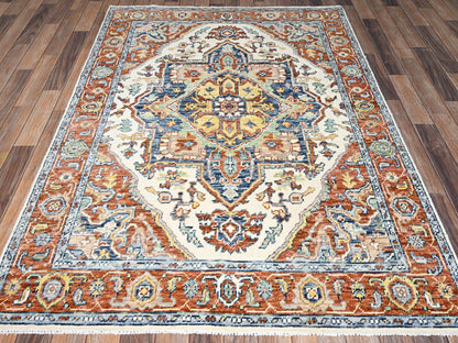 Heriz Tribal & Geometric hand-knotted wool rug in Ivory & Rust, 4'10" x 6'9" — SKU O02803 (view 2)