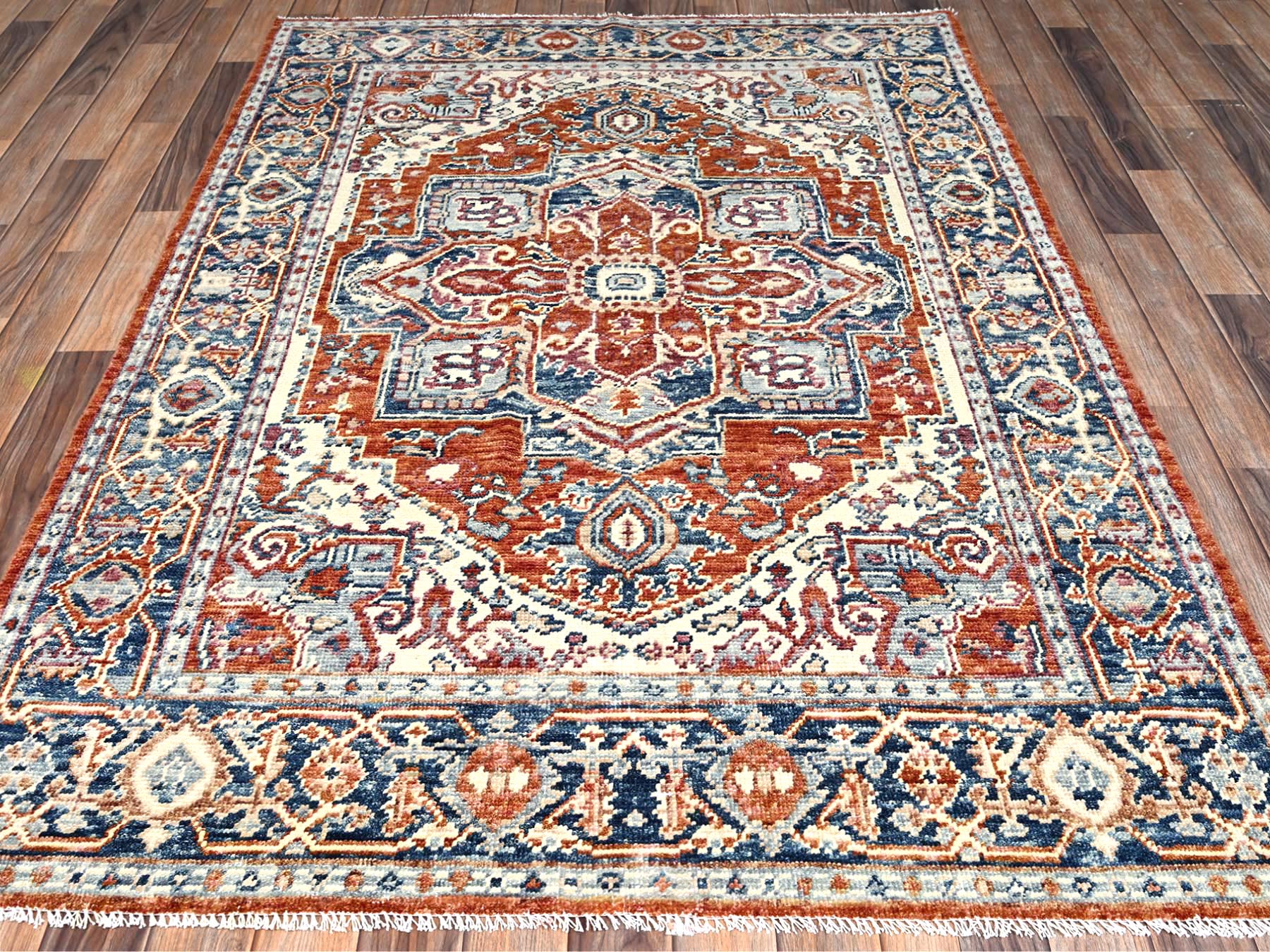 Heriz Tribal & Geometric hand-knotted wool rug in Red & Navy Blue, 4'9" x 6'9" — SKU O02804 (view 2)
