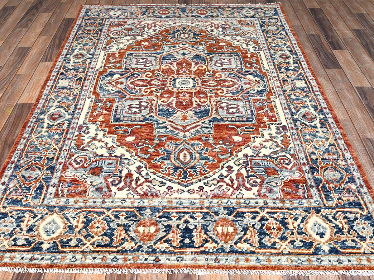Heriz Tribal & Geometric hand-knotted wool rug in Red & Navy Blue, 4'9" x 6'9" — SKU O02804 (view 2)