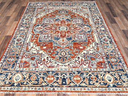 Heriz Tribal & Geometric hand-knotted wool rug in Red & Navy Blue, 4'9" x 6'9" — SKU O02804 (view 2)