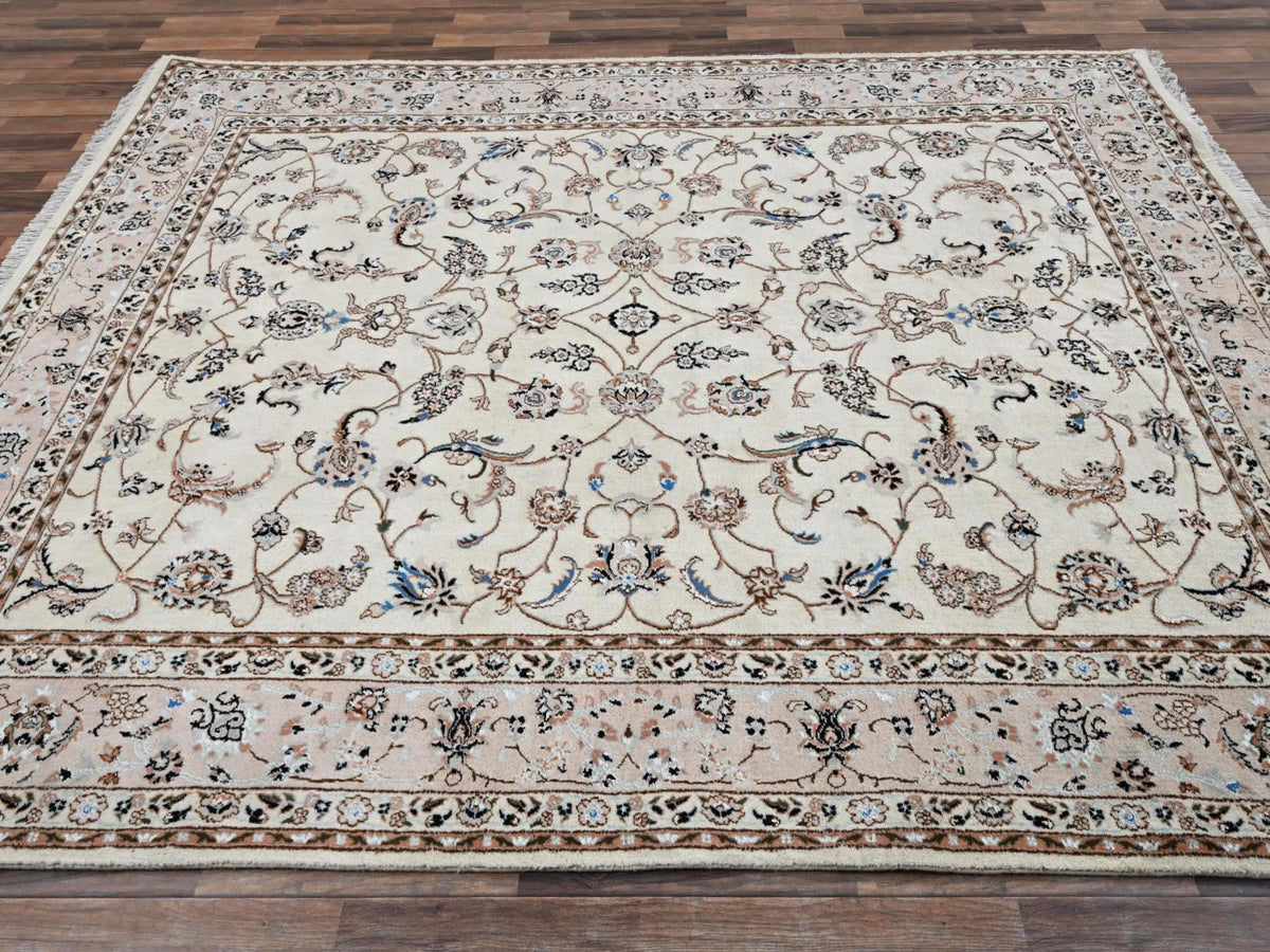 Nain Fine Oriental hand-knotted wool/silk rug in Ivory & Pink, 8' x 10'3" — SKU O02809 (view 4)
