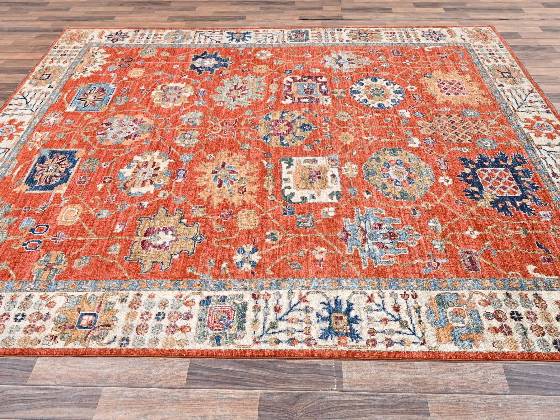 Tribal & Geometric hand-knotted wool rug in Orange & Ivory, 8'1" x 10' — SKU O02812 (view 4)