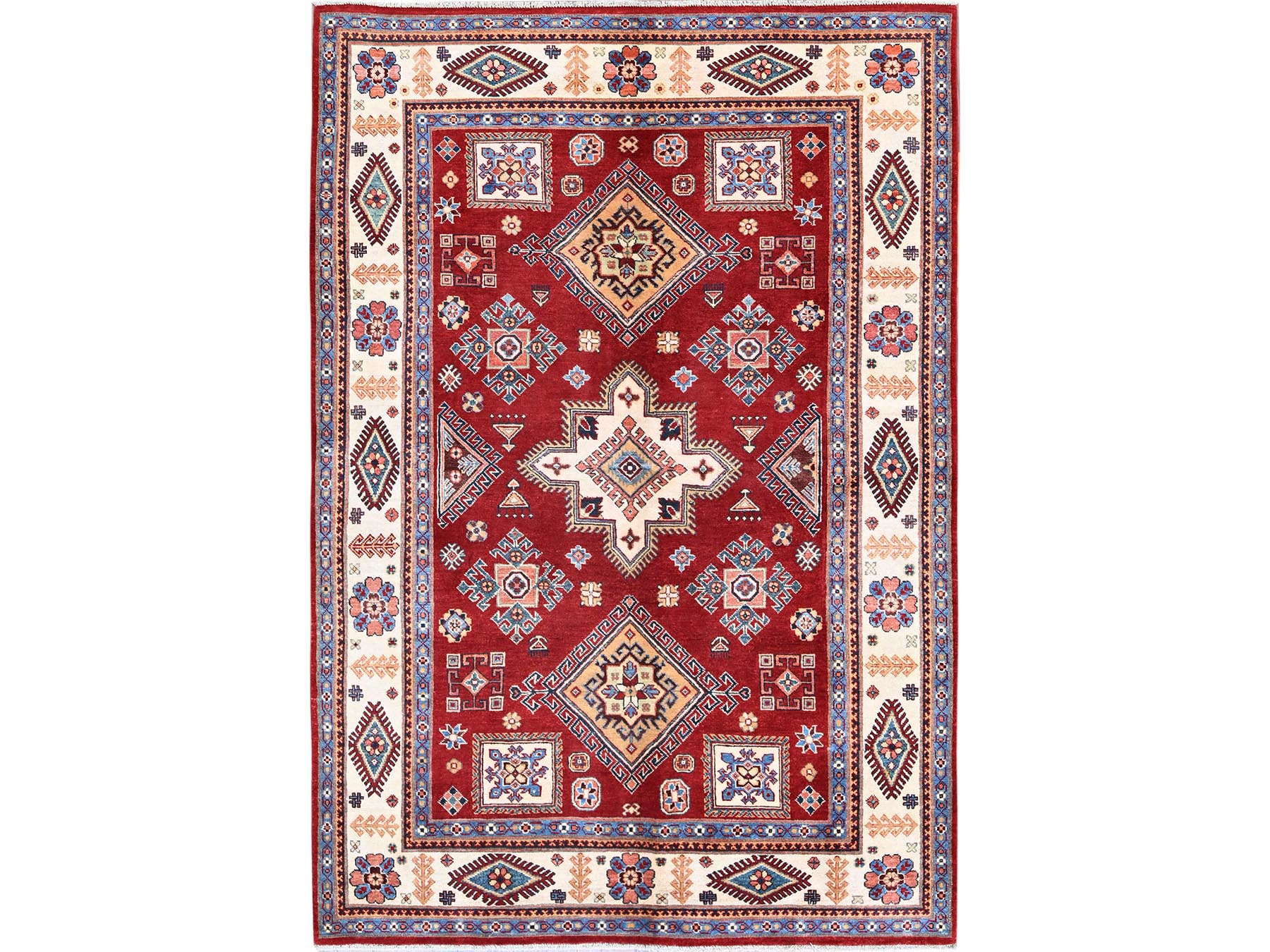 Kazak Kazak hand-knotted wool rug in Red & Ivory, 5'11" x 8'10" — SKU O0315
