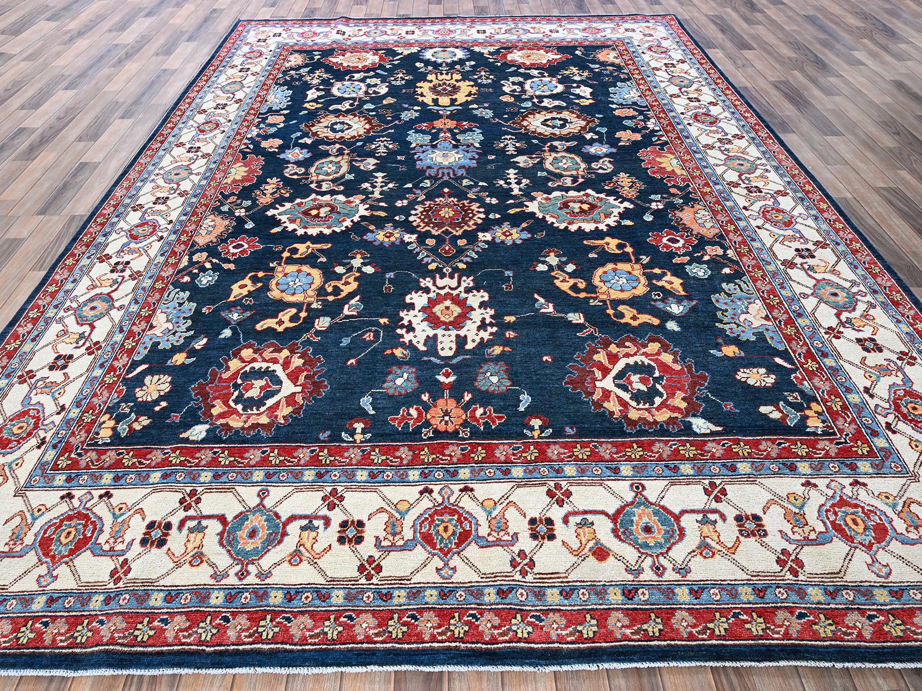 Heriz Kazak hand-knotted wool rug in Blue & Ivory, 8'10" x 11'9" — SKU O0320 (view 2)