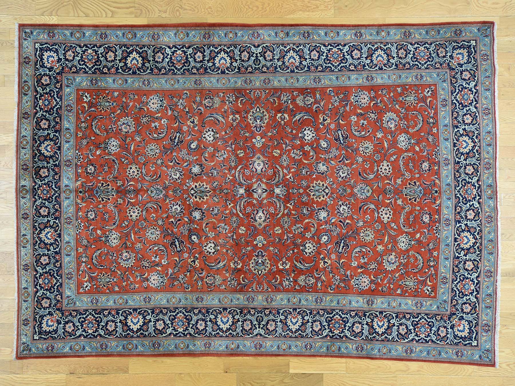 Kashan Antique hand-knotted wool rug in Red & Navy Blue, 7'10" x 11' — SKU O032135