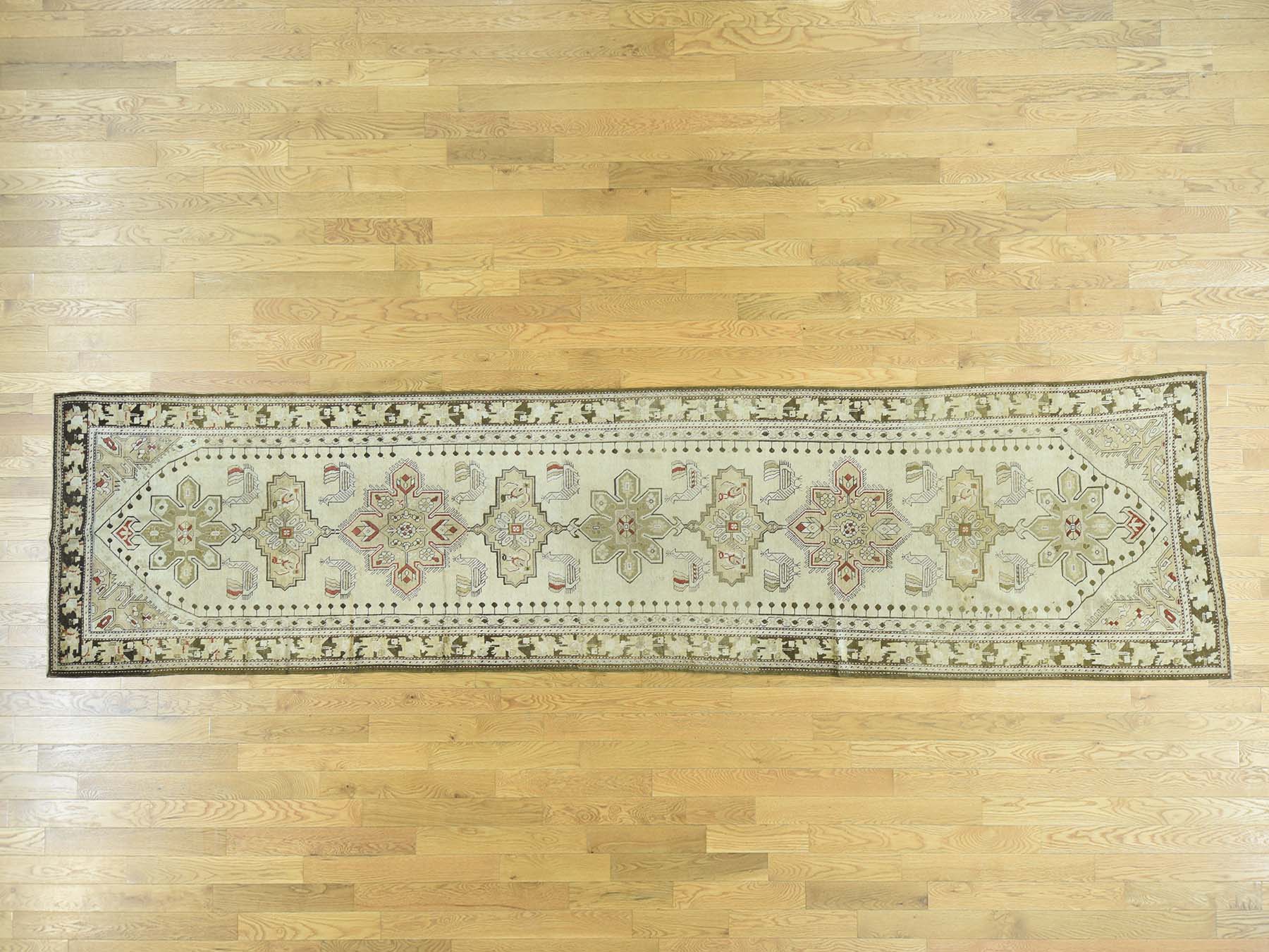 Antique hand-knotted wool runner in Green & Olive Green, 3'8" x 15' — SKU O033178
