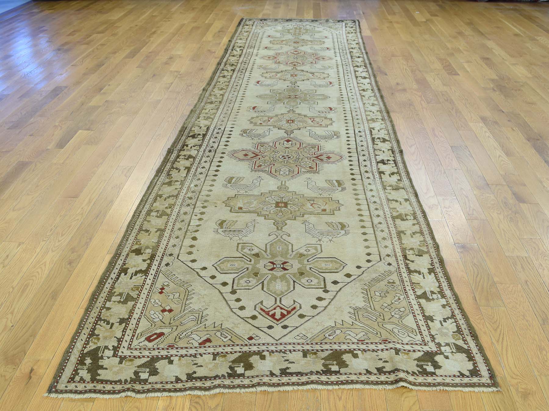 Antique hand-knotted wool runner in Green & Olive Green, 3'8" x 15' — SKU O033178 (view 2)